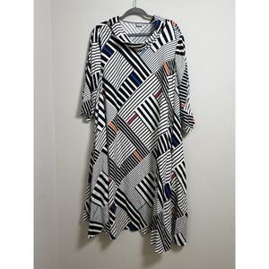 AINO Finland Sz Large Artistic Collared Dress Geometric Lagenlook Artsy Colorful
